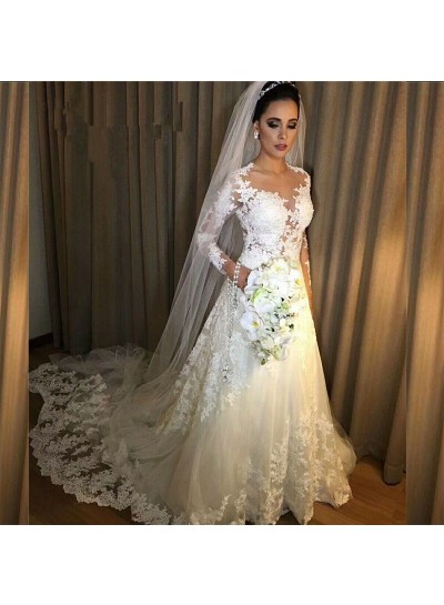 2022 Classic Wedding Dresses A-Line Long Sleeves Sweetheart Lace