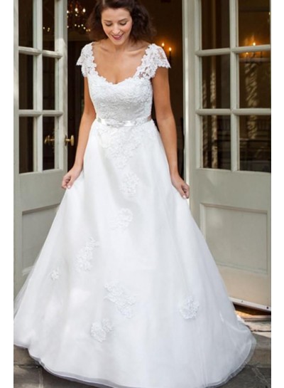 2023 Classic Wedding Dresses A-Line White Capped Sleeves Scoop Vintage