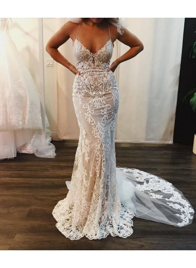 2024 Mermaid Sexy Wedding Dresses Sweetheart Spaghetti Straps Halter Lace