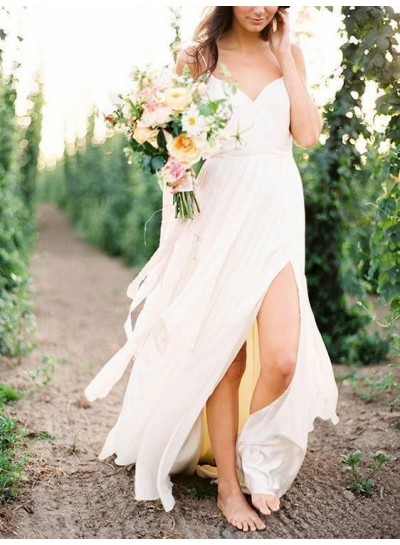 2024 A-Line Wedding Dresses Side Slit Chiffon Sweetheart Beach