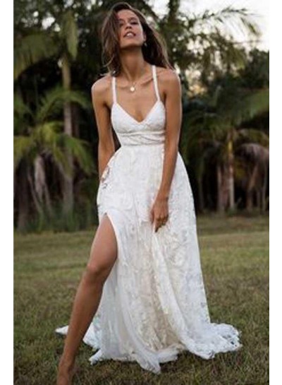 2024 Sexy Wedding Dresses A-Line Side Slit Sweetheart Lace Beach