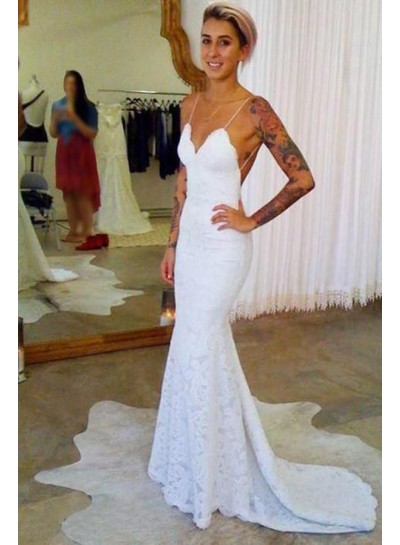 2024 Mermaid Sexy Wedding Dresses V-Neck Lace Halter Backless Long