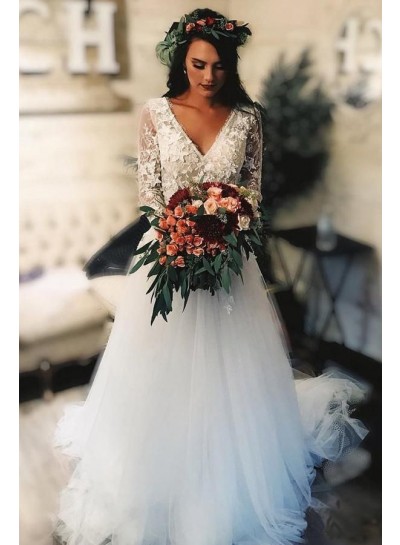 2024 Elegant Wedding Dresses A-Line V-Neck Long Sleeves Tulle Lace Long