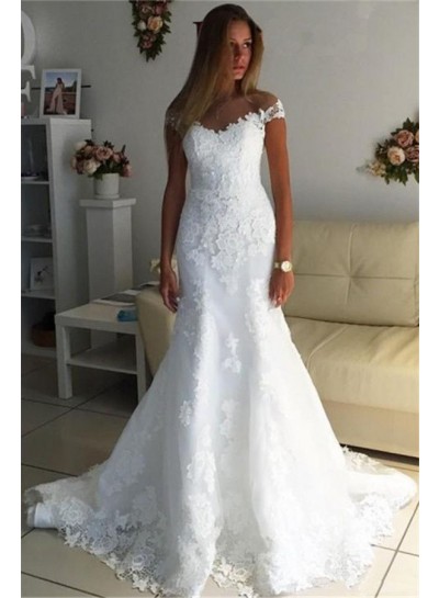 2024 Mermaid Wedding Dresses White Sweetheart Capped Sleeves Empire Lace
