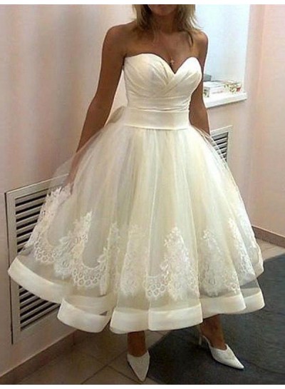 2024 A-Line Wedding Dresses Sweetheart Tea Length Lace Short
