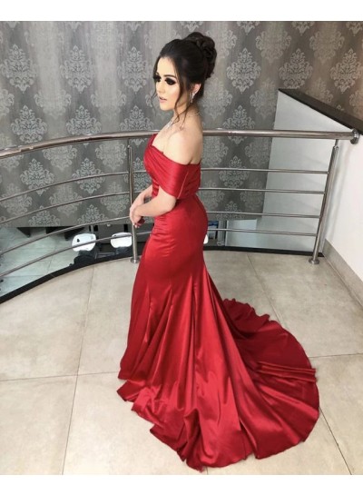 2024 Prom Dresses Newly Mermaid Red Off Shoulder Sweetheart Elastic Satin Stretchy