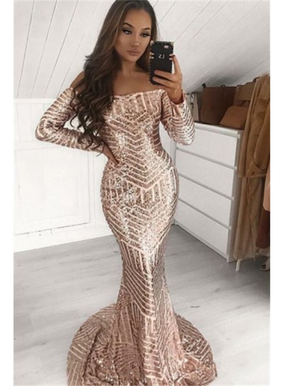 2024 Sexy Mermaid Prom Dresses Off Shoulder Long Sleeves Sequence