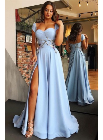 2024 Prom Dresses A Line Satin Sweetheart Blue Side Slit Capped Sleeves