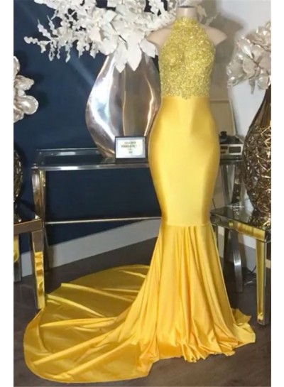 2023 New Arrival Prom Dresses Mermaid Yellow High Neck Elastic Satin With Appliques