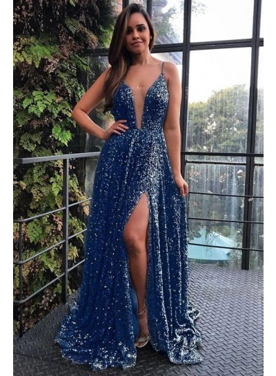 2023 Prom Dresses  A Line Sequence Royal Blue Deep V Neck Side Slit Shiny