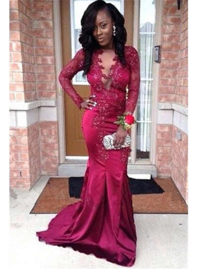 2024 Prom Dresses Burgundy Mermaid Satin Long Sleeves Open Front Lace