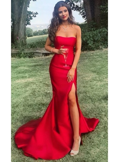 2023 Alluring Prom Dresses Red Mermaid Side Slit Satin Strapless Long