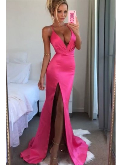 2024 Sexy A Line Prom Dresses Side Sheath Hot Pink Halter Open Front Elastic Satin