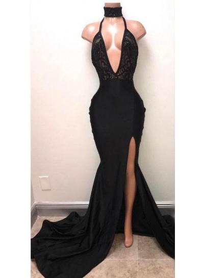2024 Sexy Mermaid Prom Dresses Deep V Neck Side Slit Black Halter Lace