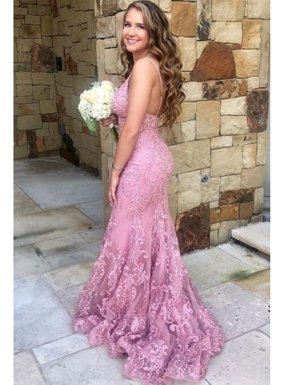 2024 Sexy Prom Dresses Pink Mermaid Sweetheart Lace Backless Spaghetti Straps 