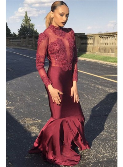 2024 Charming Mermaid Prom Dresses Burgundy Long Sleeves Elastic Satin With Appliques