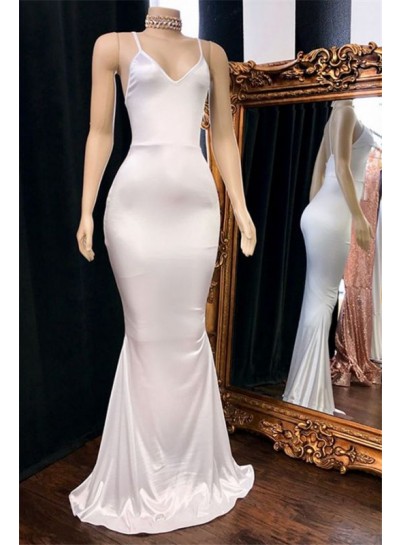 2023 Prom Dresses Mermaid White V Neck Backless Elastic Satin
