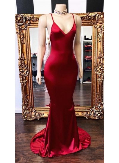 2024 New Arrival Prom Dresses Red Mermaid V Neck Backless Elastic Satin