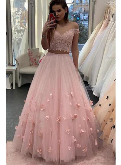 2024 Prom Dresses A Line Pink Two Pieces Tulle Lace Off Shoulder