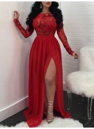 2023 Prom Dresses A Line Chiffon Side Slit Red Scoop Long Sleeves Appliques