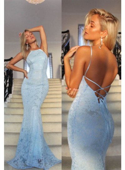 2024 Charming Prom Dresses Lace Mermaid Backless Lace Up Back Blue Halter