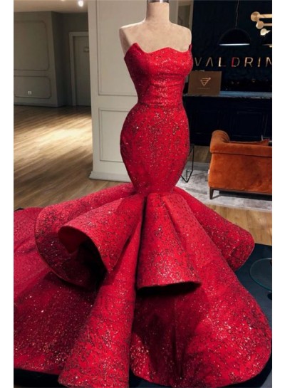 2024 Charming Prom Dresses Red Mermaid Strapless Ruch Lace Long