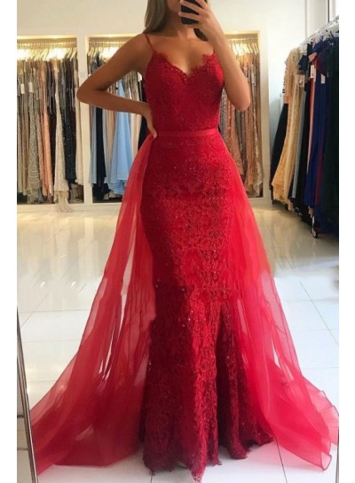 2024 Prom Dresses New Red Sheath V Neck Lace Detachable Tulle