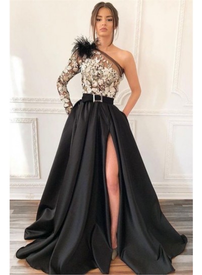 2024 Prom Dresses A Line One Shoulder Black Side Slit Satin Floral Patterns