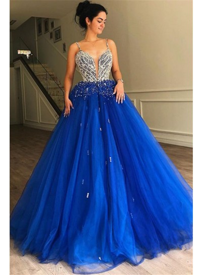 2024 Prom Dresses Royal Blue Sweetheart Beaded Open Front Tulle Ball Gown