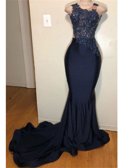2024 New Arrival Prom Dresses Dark Navy Long Stretchy With Appliques
