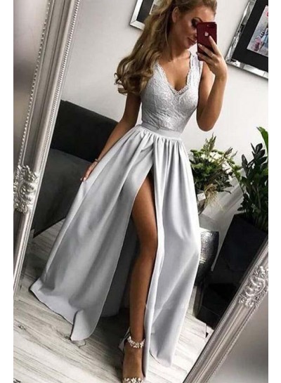2024 Prom Dresses A Line Side Slit Silver Lace Satin