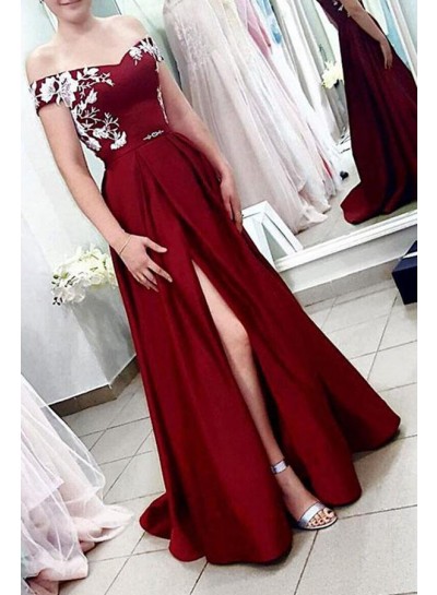 2024 Prom Dresses Newly A Line Off Shoulder Burgundy Satin Belt Embroidery