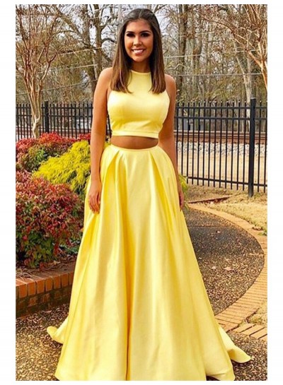 2024 Prom Dresses A Line Two Pieces Yellow Satin