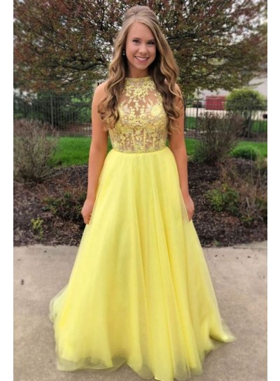 2024 New Arrival Prom Dresses A Line Tulle Daffodil Tulle With Appliques
