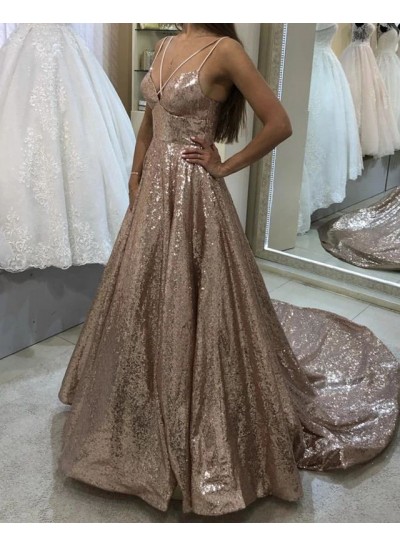 2023 Charming Prom Dresses A Line Sequence Champagne Sweetheart Halter Cheap
