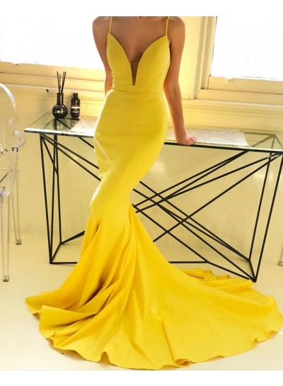 2024 Sexy Mermaid Prom Dresses Daffodil Spaghetti Straps Satin Backless Sweetheart
