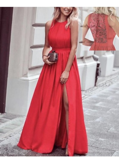 2024 Prom Dresses A Line Red Side Slit Scoop Satin Lace