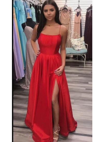 2024 Amazing Prom Dresses A Line Red Side Slit Spaghetti Straps Cheap
