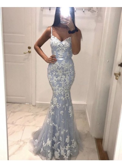 2024 Charming Prom Dresses Light Sky Blue Sweetheart With White Appliques Tulle