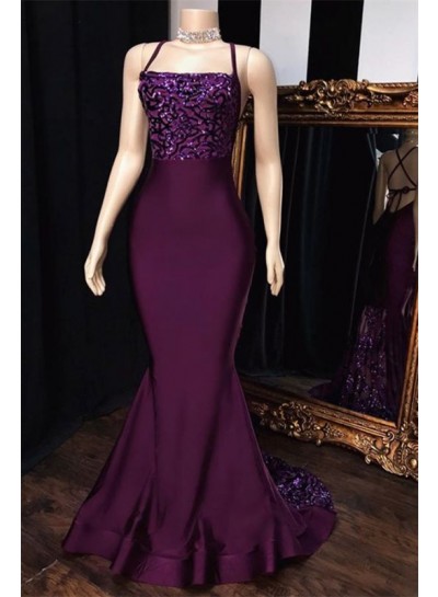2024 Sexy Prom Dresses Grape Mermaid Halter Satin Lace