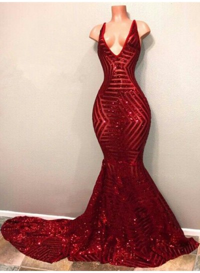 2024 Charming Prom Dresses Red V Neck Mermaid Sequence Backless Long