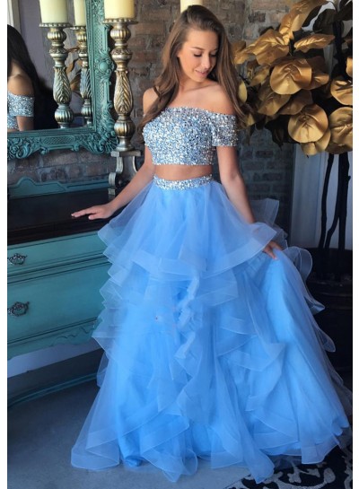2023 Prom Dresses A Line Tulle Off Shoulder Two Pieces Sequence Blue