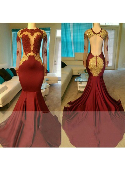 2024 New Arrival Prom Dresses Mermaid Burgundy Long Sleeves Backless Gold Appliques