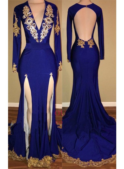 2025 Prom Dresses Royal Blue Side Slit Long Sleeves V Neck Backless Gold Appliques