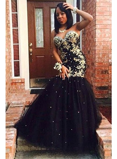 2024 Sexy Prom Dresses Sweetheart Gold Appliques Tulle Black