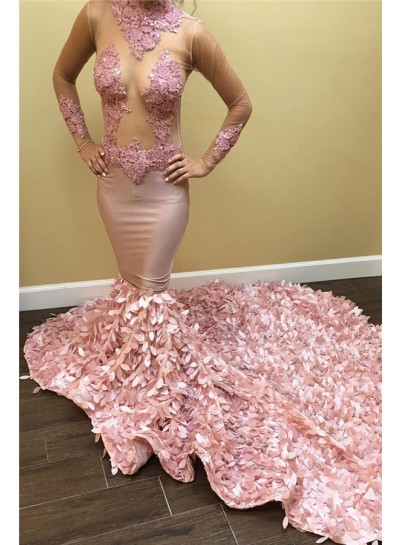 2023 Prom Dresses Pink Mermaid Long Sleeves Pink See Through High Neck Leaves