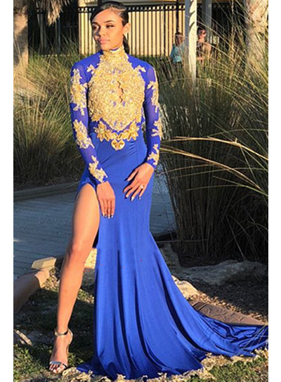 2024 Prom Dresses Long Sleeves Royal Blue High Neck Side Slit Gold Appliques