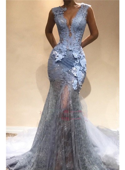 2024 Charming Prom Dresses Sheath Light Sky Blue Lace Open Front