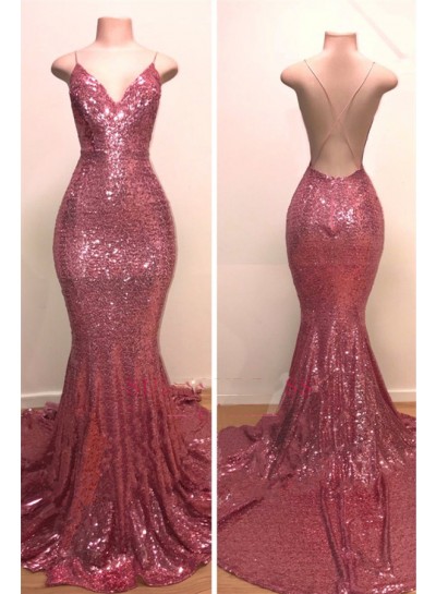 2024 Prom Dresses Mermaid Pink Sequence Halter Backless V Neck