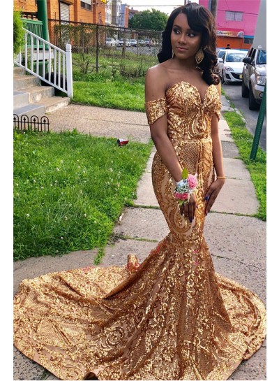 2024 Sexy Prom Dresses Gold Mermaid Off Shoulder Sweetheart Sequence Long